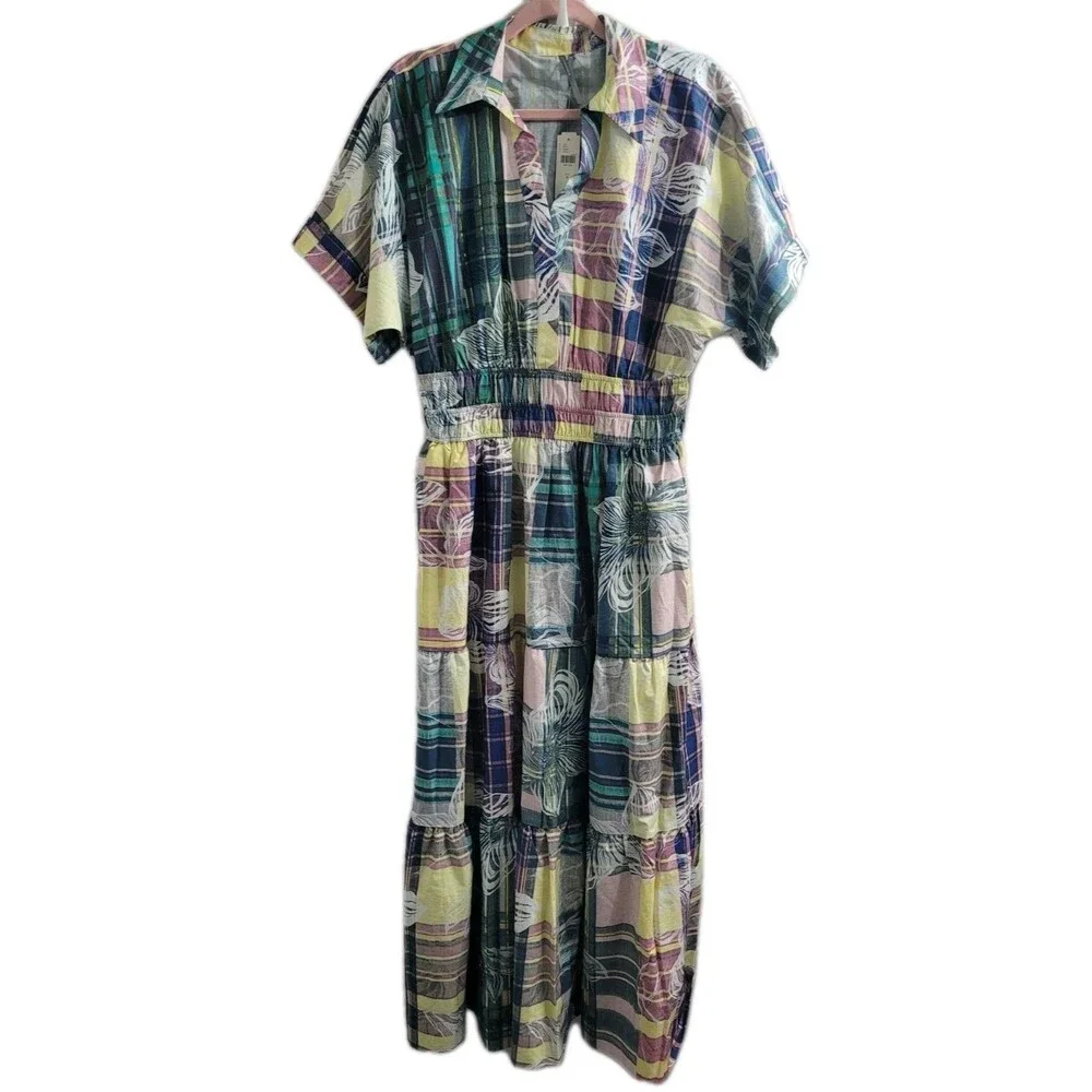 Anthropologie Pastel Plaid & Floral Tiered Maxi Dress - Picture 2 of 14